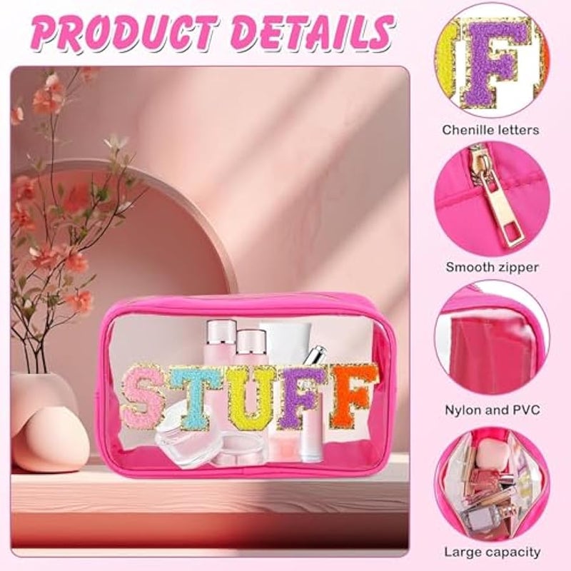 يورسكيتووس شنطة من قماش الشانيل بتصميم حروف مصنوعة من النايلون ومزودة برقعة بريبي مع سحاب، شنطة صغيرة شفافة من بلاستيك بي في سي مضادة للماء لتنظيم ادوات الزينة للبنات (روز)، وردي، قطعتين - Image 3